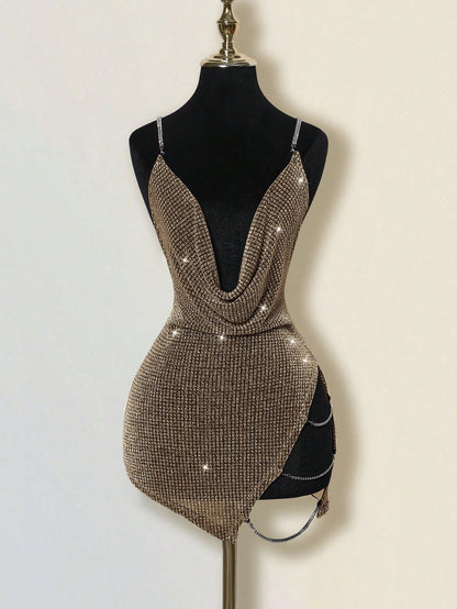 Women's Gold Asymmetrical Spaghetti Strap Mini Dress