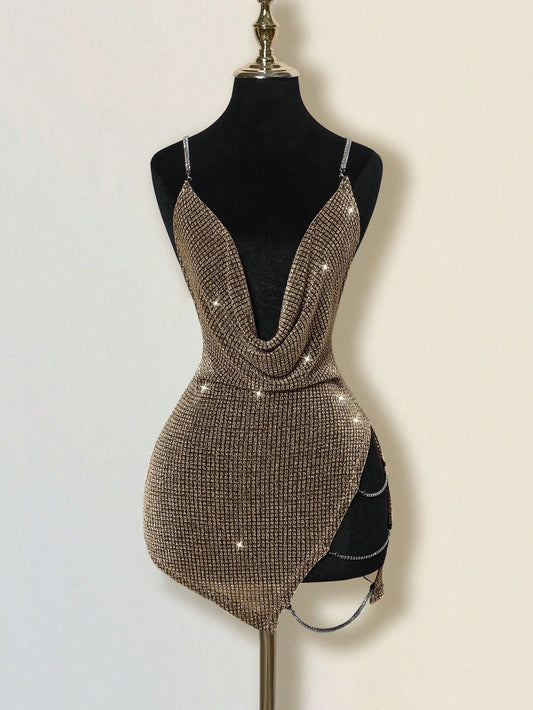 Women's Gold Asymmetrical Spaghetti Strap Mini Dress