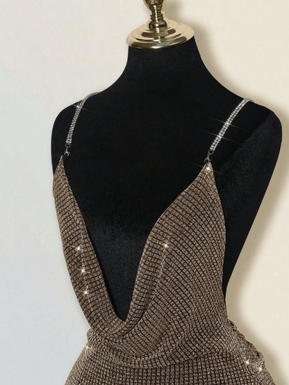 Women's Gold Asymmetrical Spaghetti Strap Mini Dress