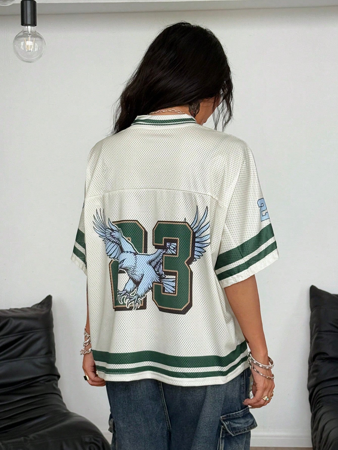 Women's Oversized V-Neck Colorblock Striped Football Jersey