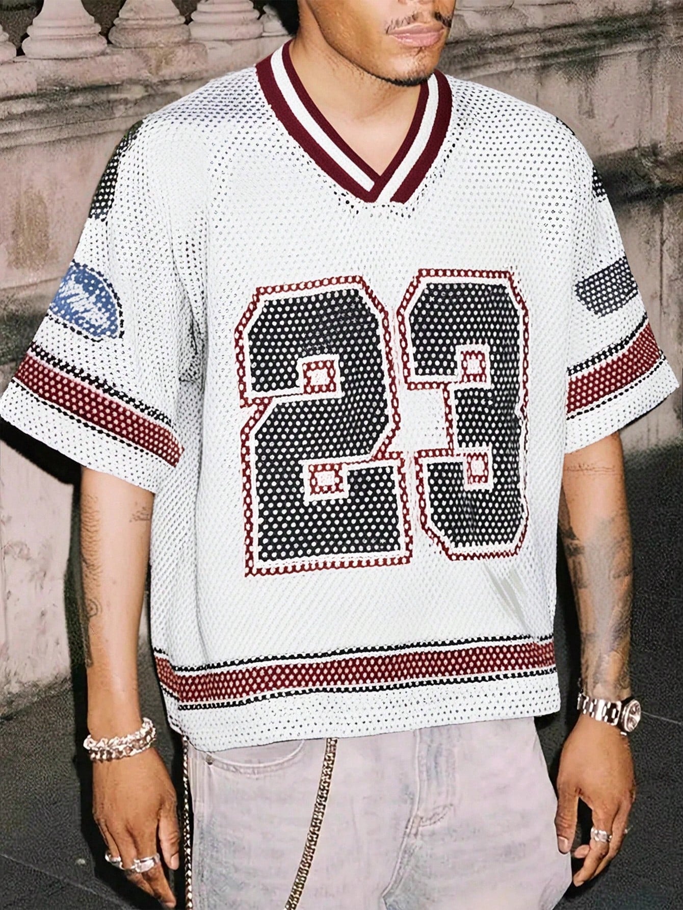 Red & White Colorblock Notched Crop Jersey