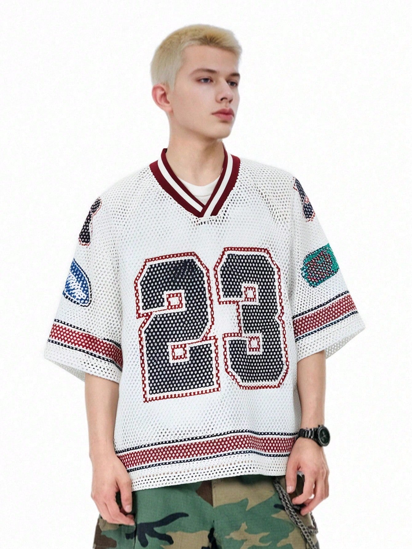 Red & White Colorblock Notched Crop Jersey