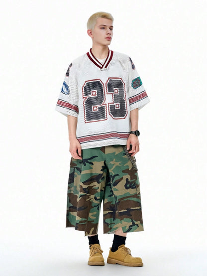 Red & White Colorblock Notched Crop Jersey