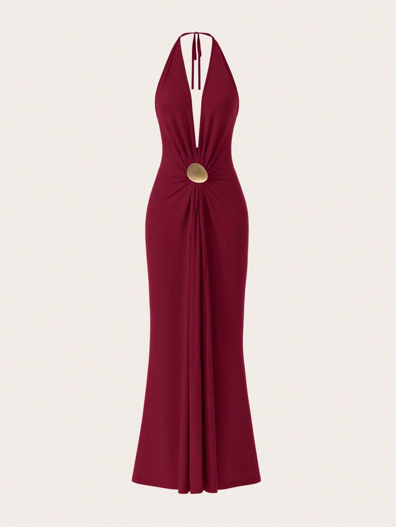 Women's Sexy Burgundy Halter Bodycon Maxi Dress