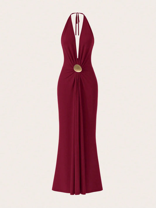 Women's Sexy Burgundy Halter Bodycon Maxi Dress