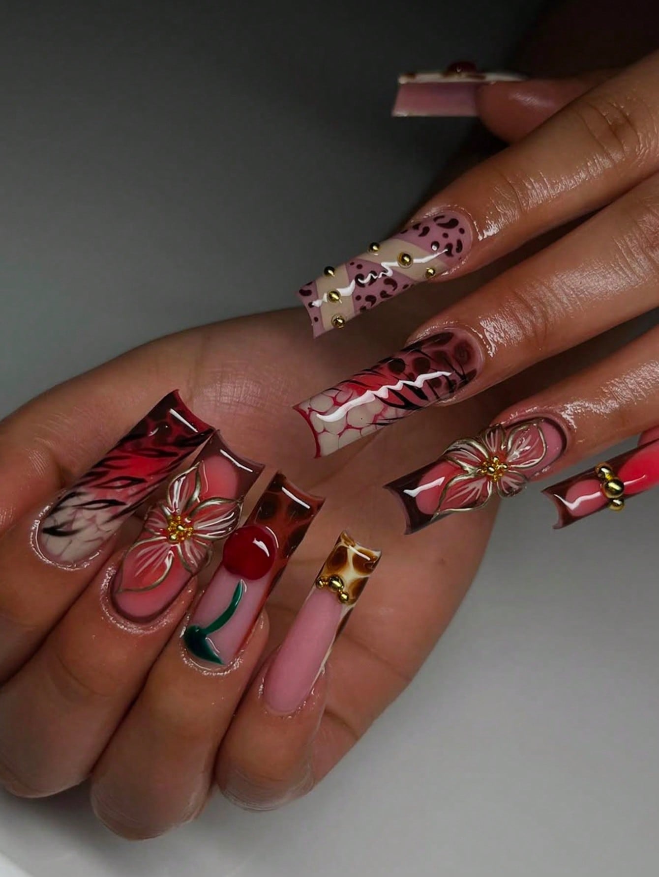 Y2K Red Cherry & Leopard Long Square Press-On Nails