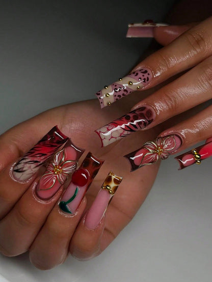 Y2K Red Cherry & Leopard Long Square Press-On Nails