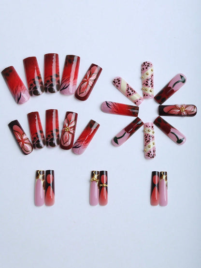 Y2K Red Cherry & Leopard Long Square Press-On Nails