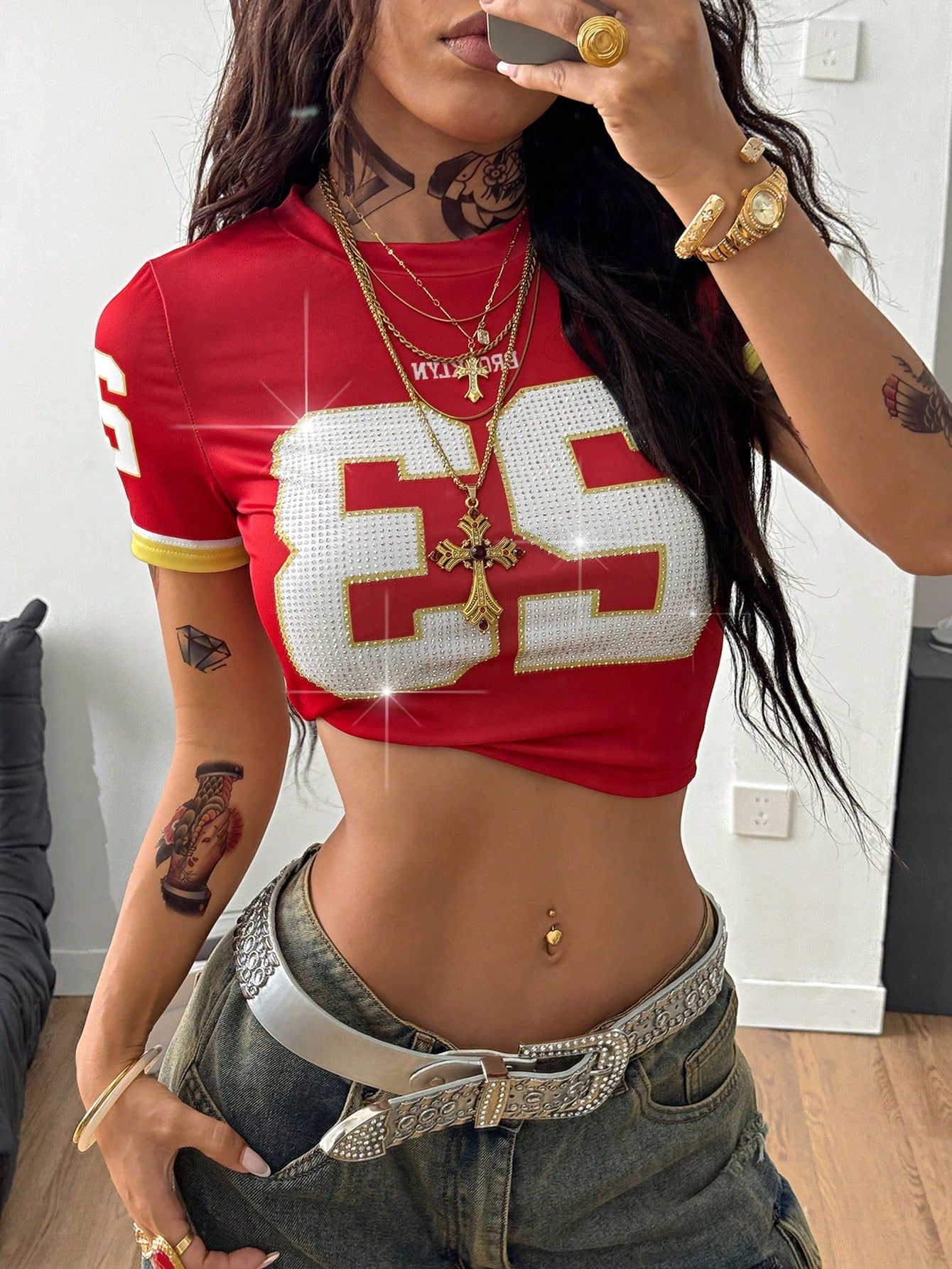 Women Y2K Sparkly Rhinestone Slim Red T-Shirt