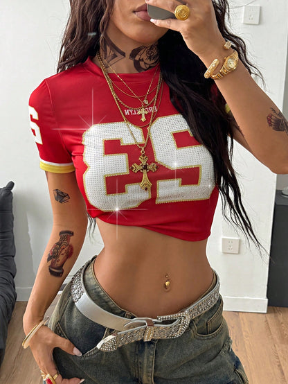 Women Y2K Sparkly Rhinestone Slim Red T-Shirt