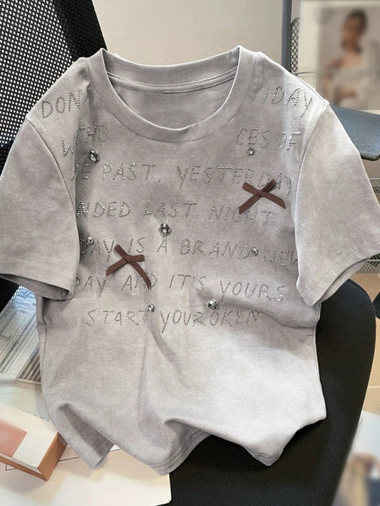 Y2K Rhinestone Bow Crew Neck Short Sleeve Tee