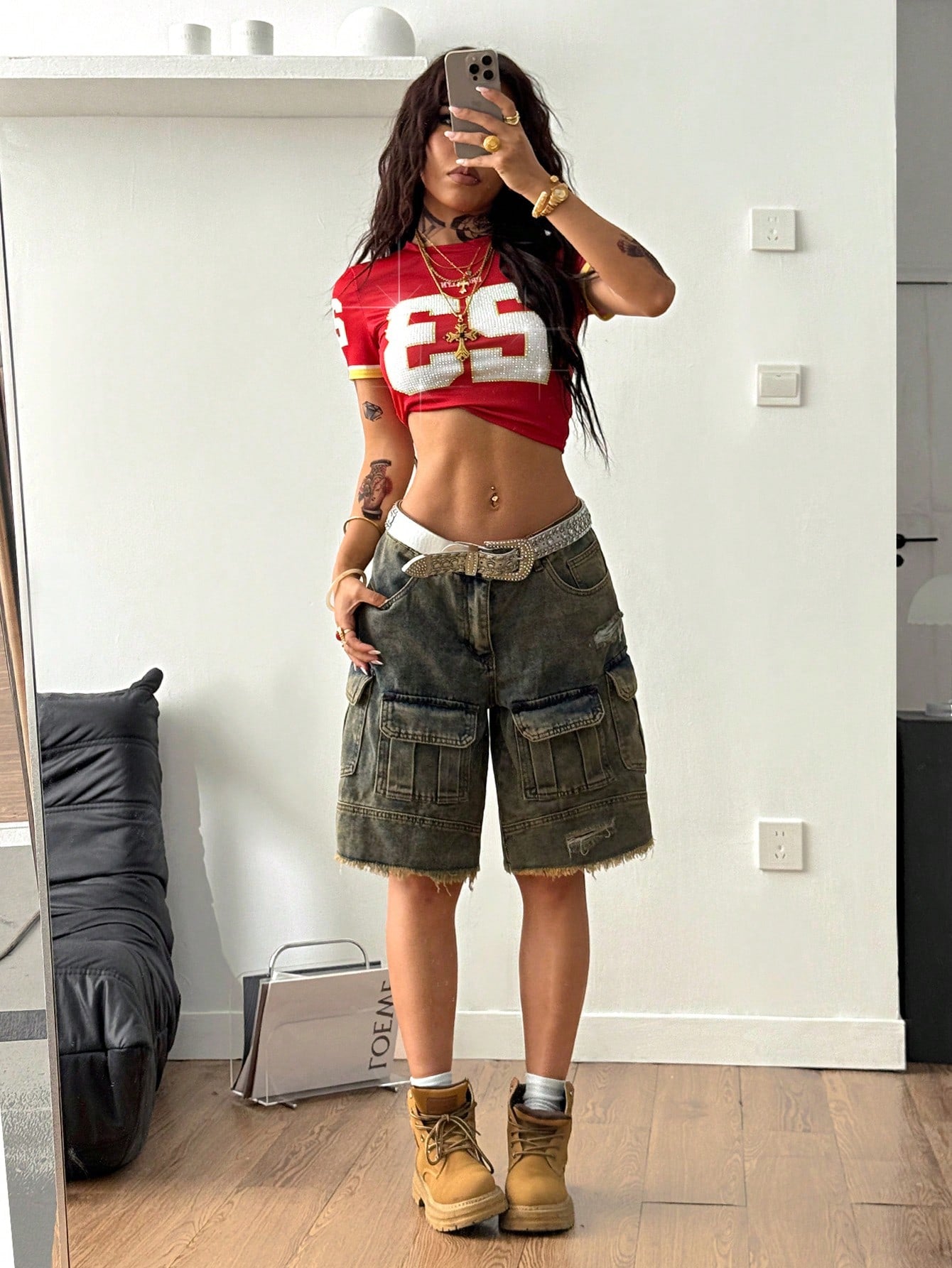 Women Y2K Sparkly Rhinestone Slim Red T-Shirt