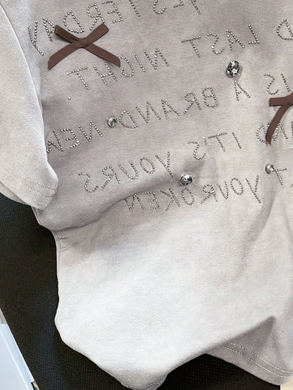 Y2K Rhinestone Bow Crew Neck Short Sleeve Tee