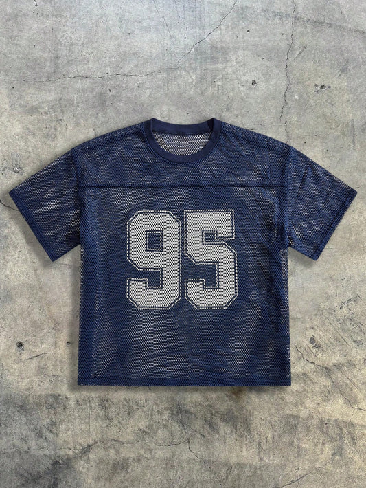 Navy Blue Mesh Numeric Print Round Neck Jersey