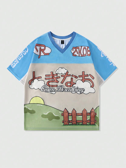 Prep Men’s Cartoon Jersey Mesh Splice V-Neck