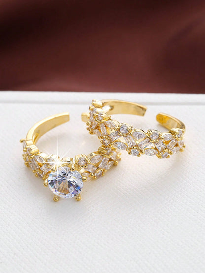 Gold-Plated Micro-Inlaid Cubic Zirconia Ring Set 2pcs