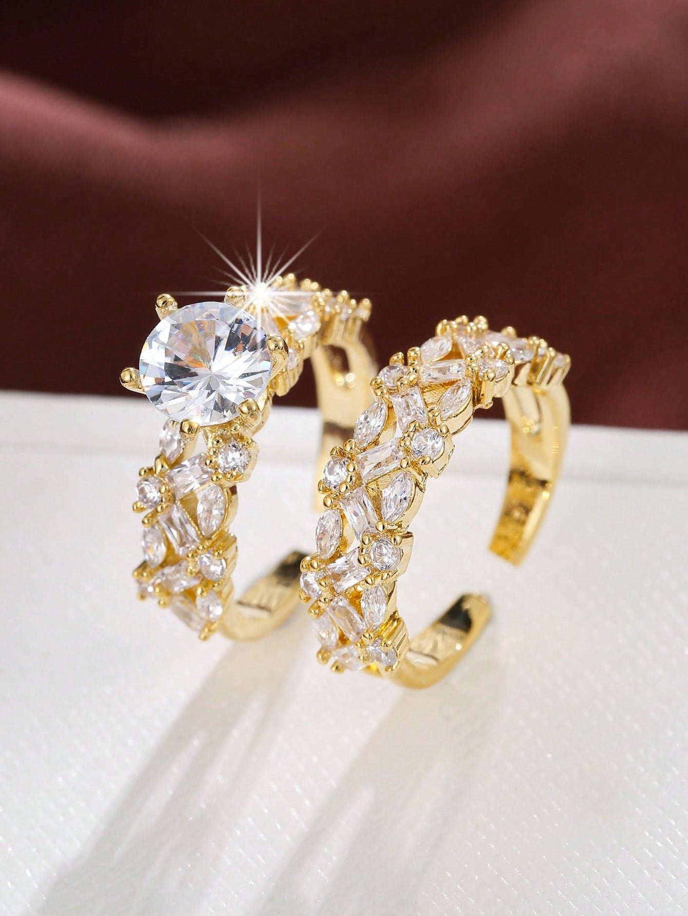 Gold-Plated Micro-Inlaid Cubic Zirconia Ring Set 2pcs