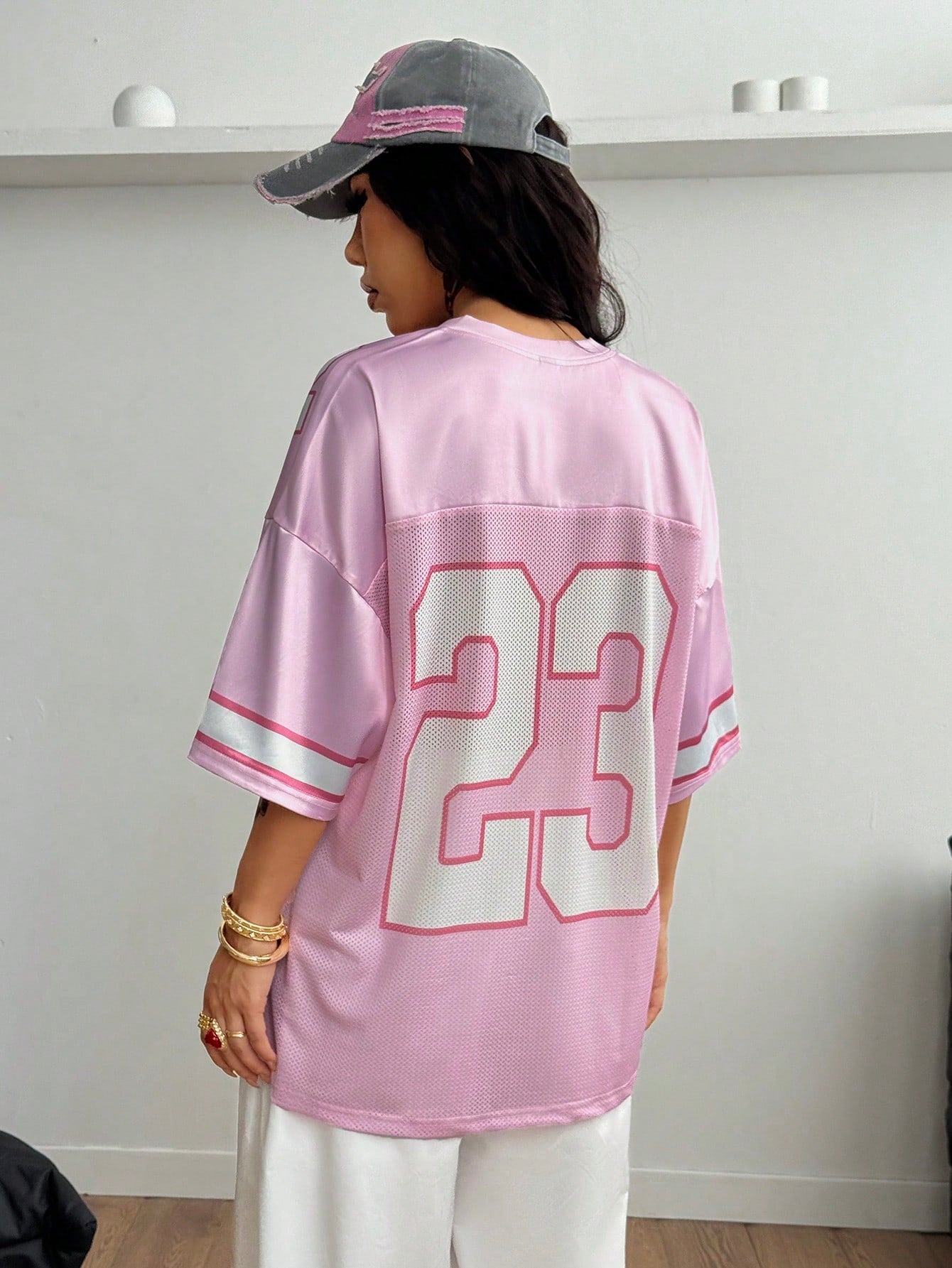 Oversized Pink Striped V-Neck Jersey