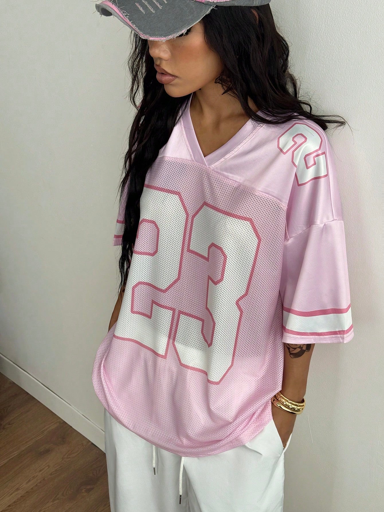 Oversized Pink Striped V-Neck Jersey