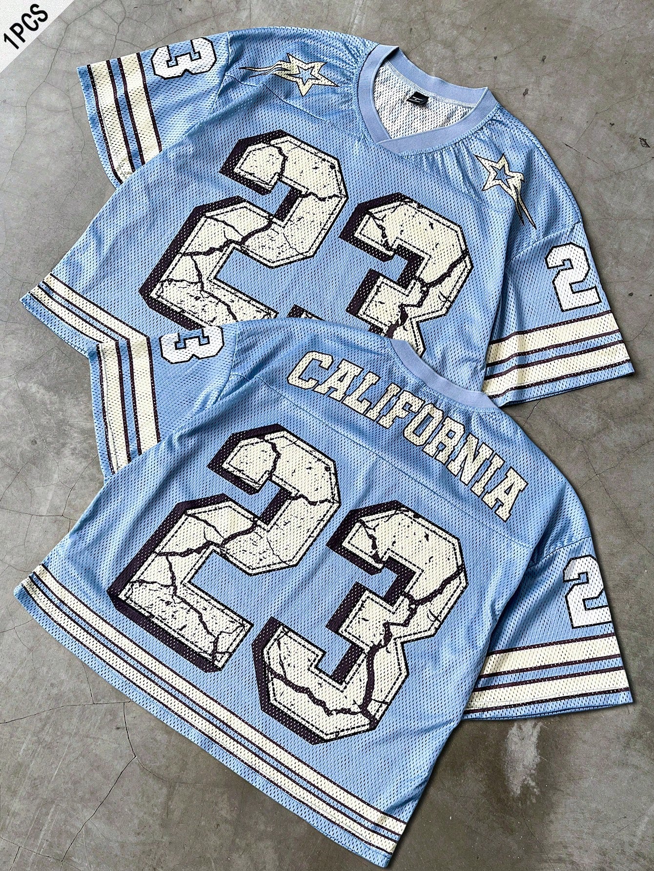 Blue Notched V-Neck Sports Large Number English Print Jersey