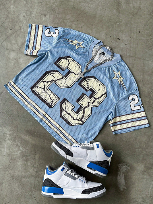 Blue Notched V-Neck Sports Large Number English Print Jersey