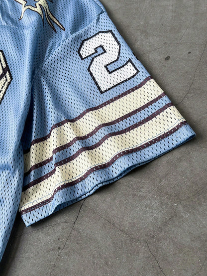 Blue Notched V-Neck Sports Large Number English Print Jersey