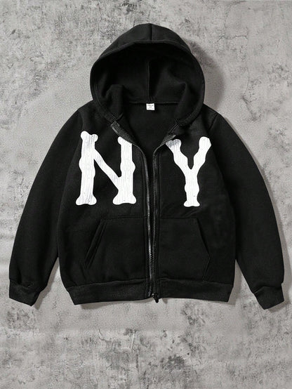 Tween Boys Casual Letter Pattern Zip Up Hoodie