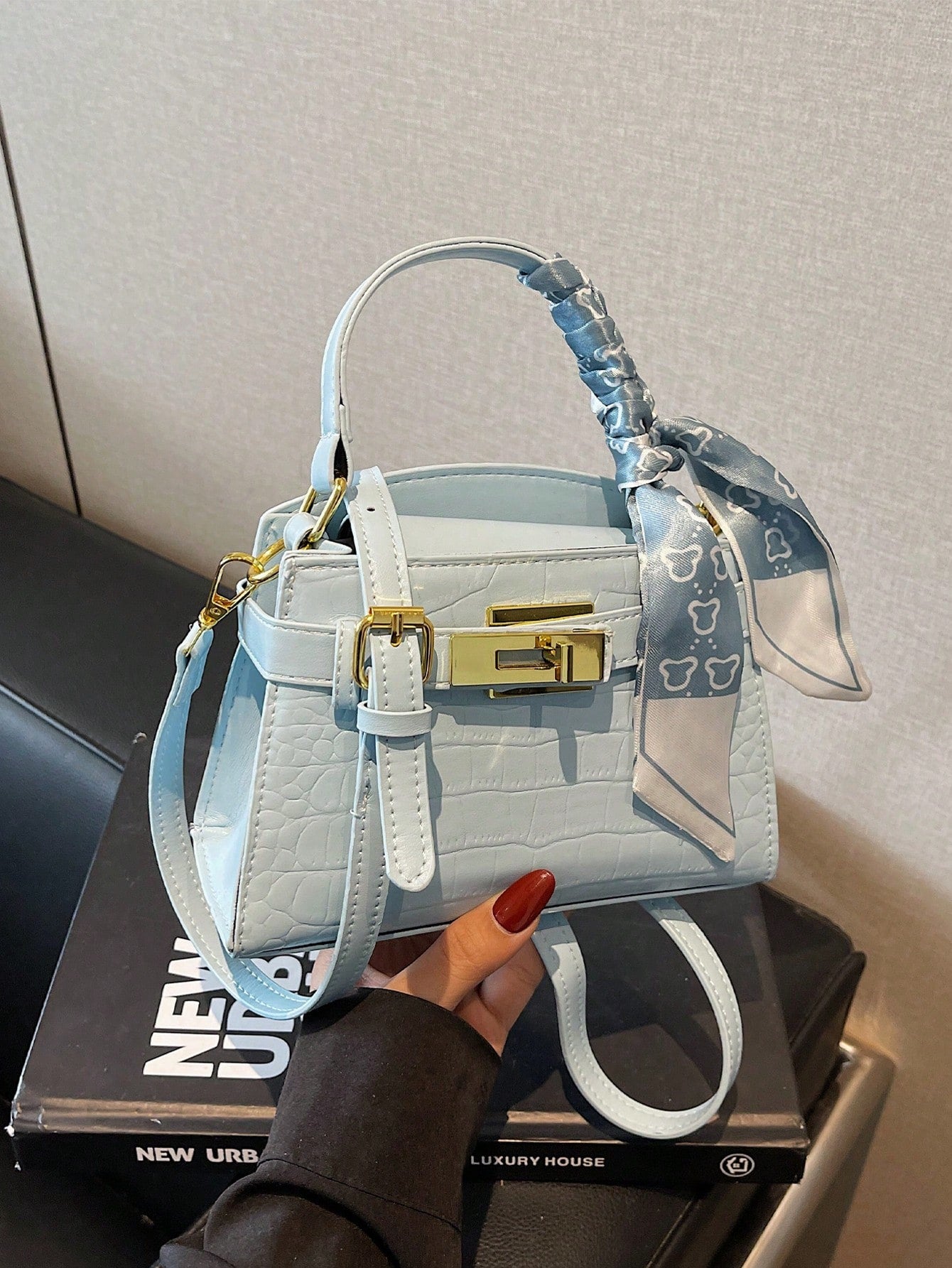 Classic Bright Red Handbag with Hardware Lock Decor