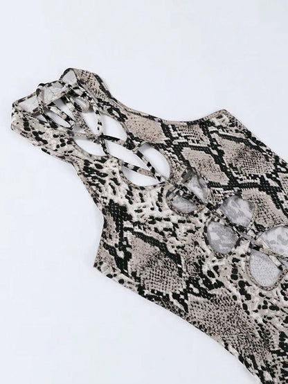 Hollow Out Python Pattern Sleeveless Sexy Mini Dress
