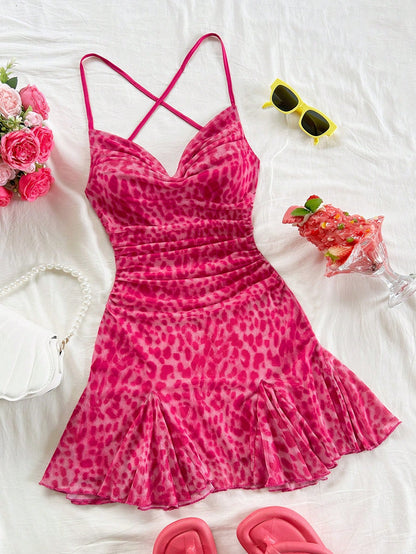 Women's Hot Pink Spaghetti Strap Mini Dress