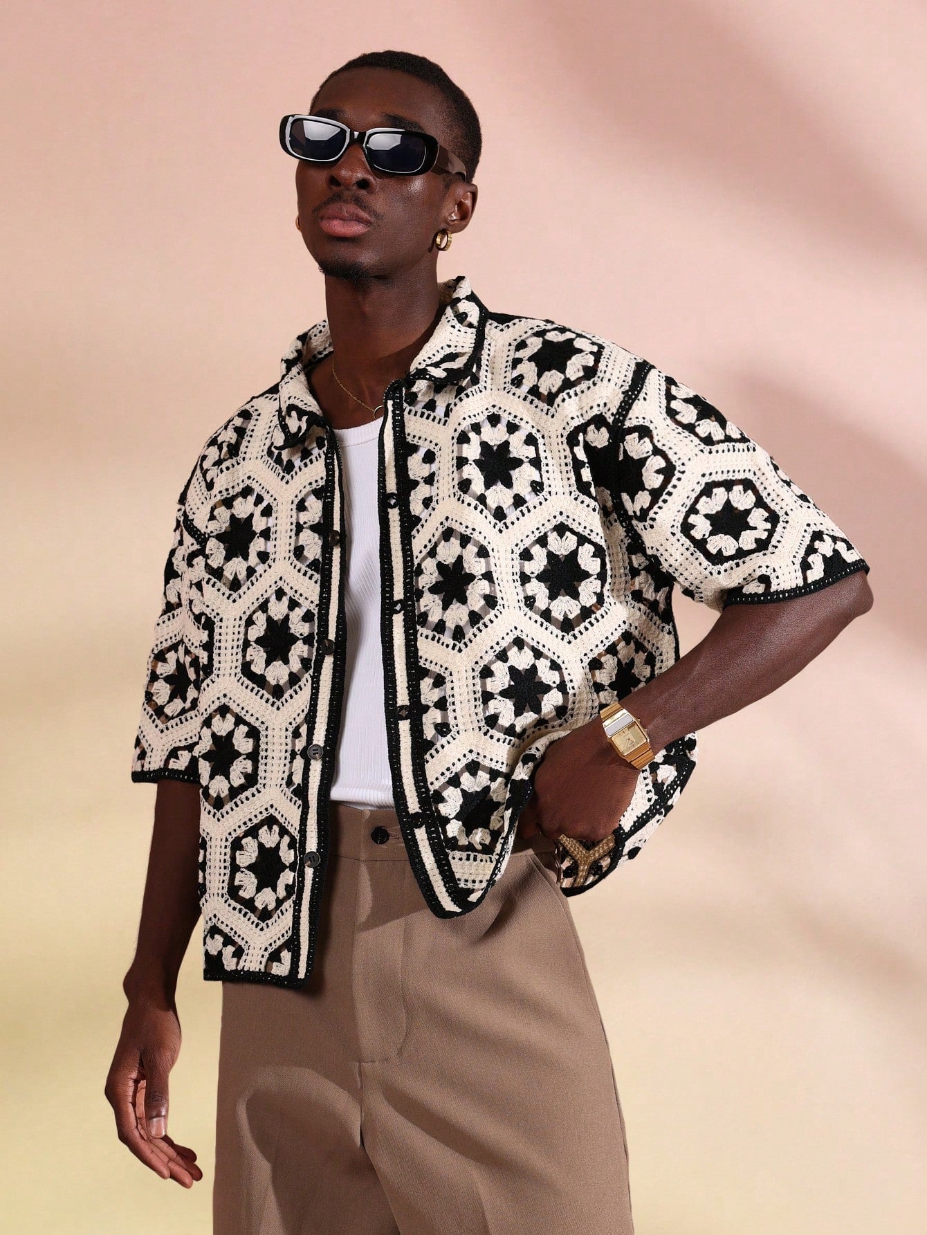 Luxury Short Sleeve Crochet Zip Front Knit Jacket