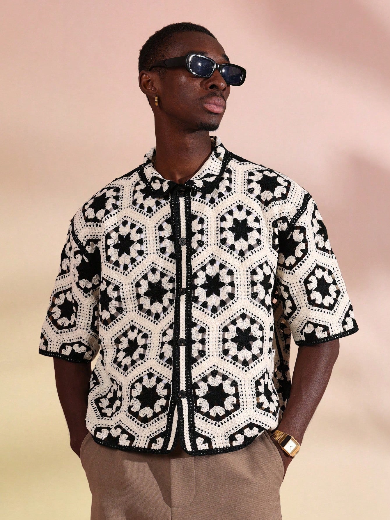Luxury Short Sleeve Crochet Zip Front Knit Jacket