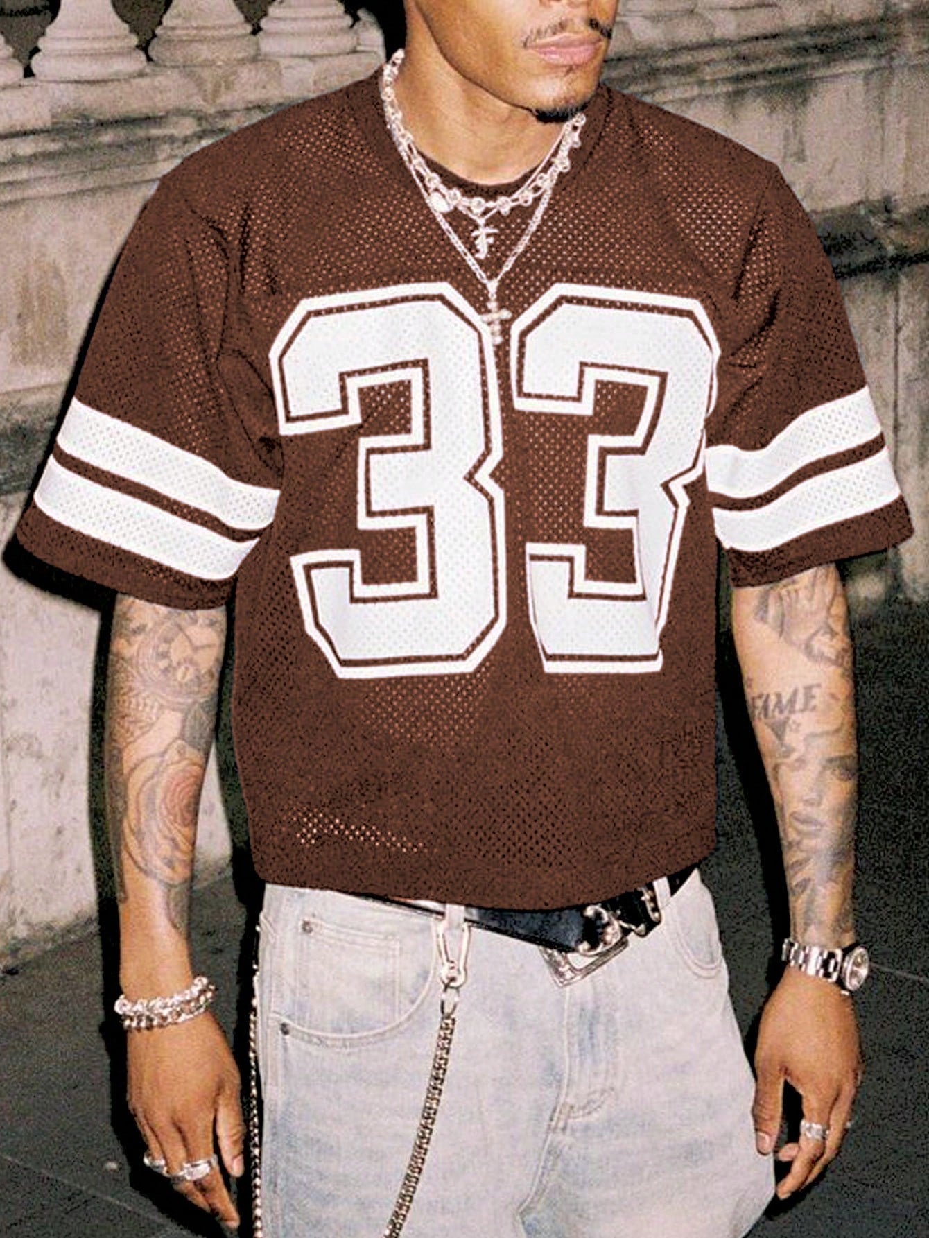 Brown Striped & Numeric Print Round Neck Jersey