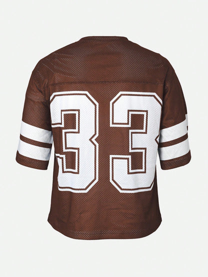 Brown Striped & Numeric Print Round Neck Jersey