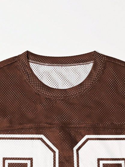 Brown Striped & Numeric Print Round Neck Jersey