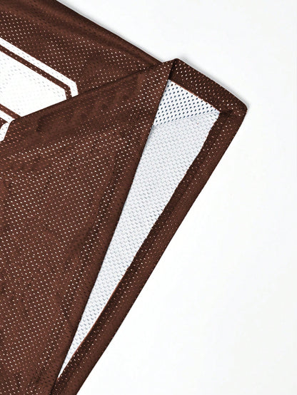 Brown Striped & Numeric Print Round Neck Jersey