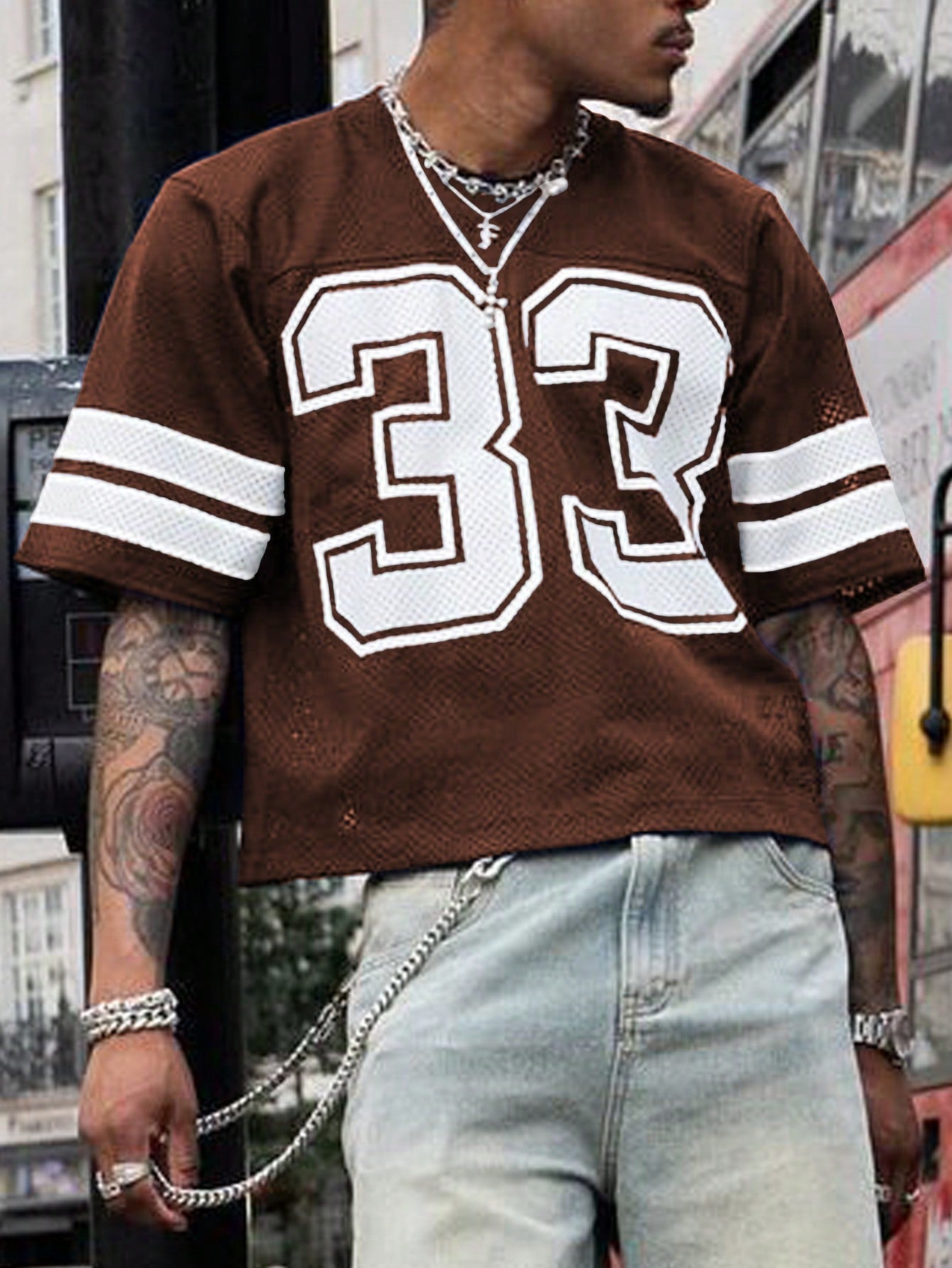 Brown Striped & Numeric Print Round Neck Jersey