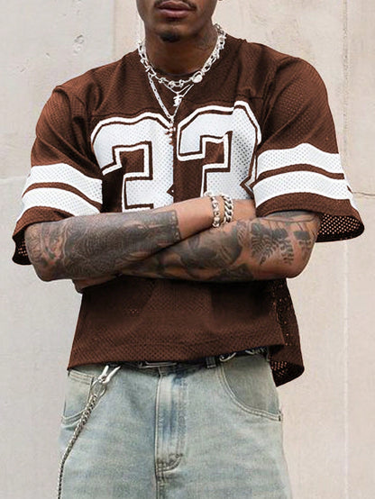 Brown Striped & Numeric Print Round Neck Jersey