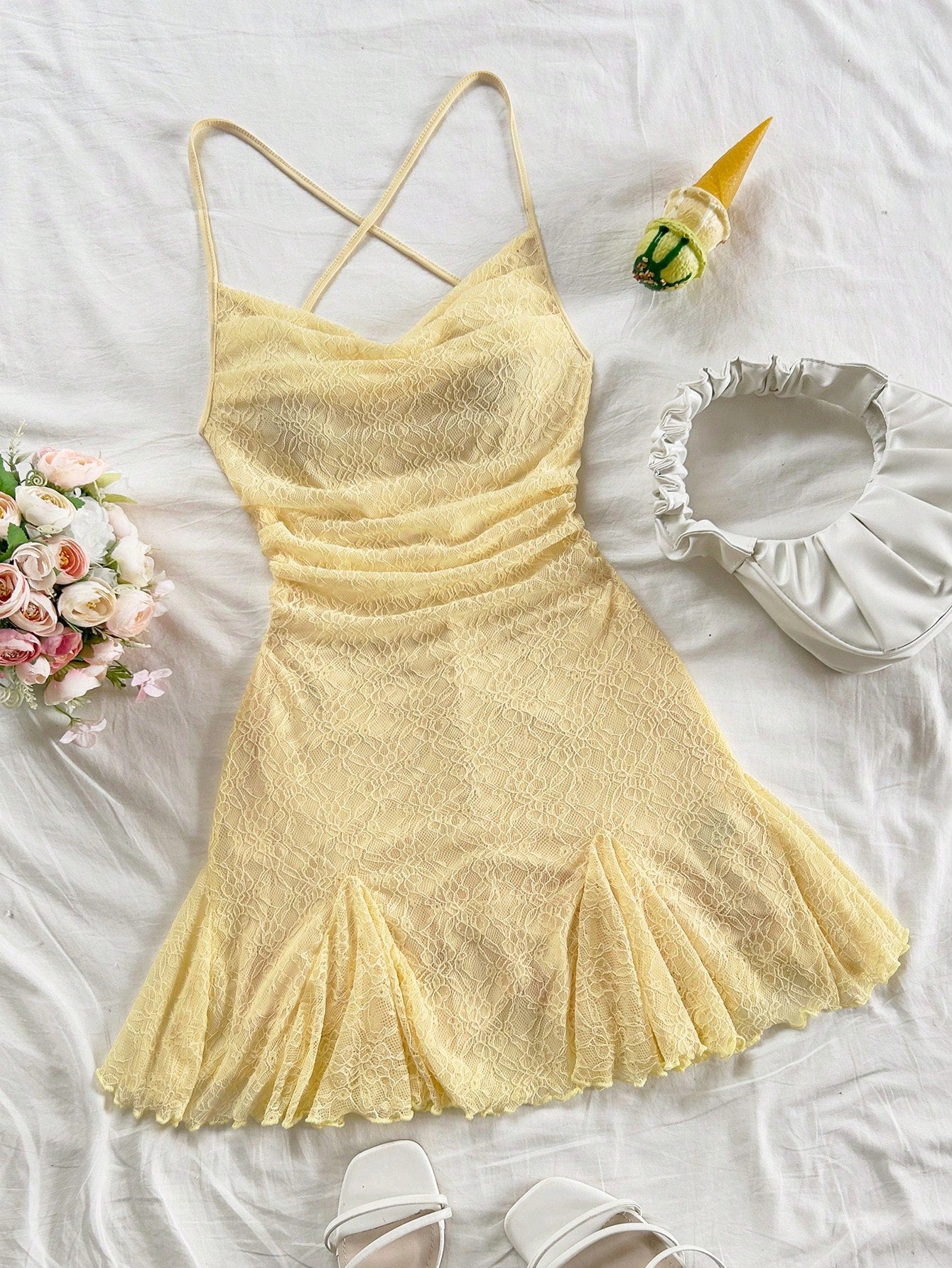 Women's Boho Yellow Lace Spaghetti Strap Mini Dress