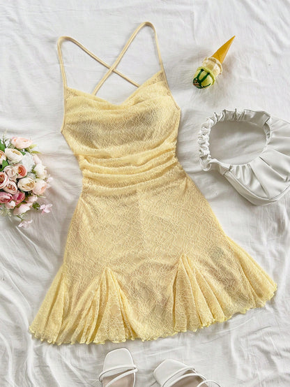 Women's Boho Yellow Lace Spaghetti Strap Mini Dress