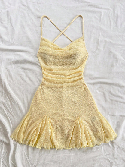 Women's Boho Yellow Lace Spaghetti Strap Mini Dress