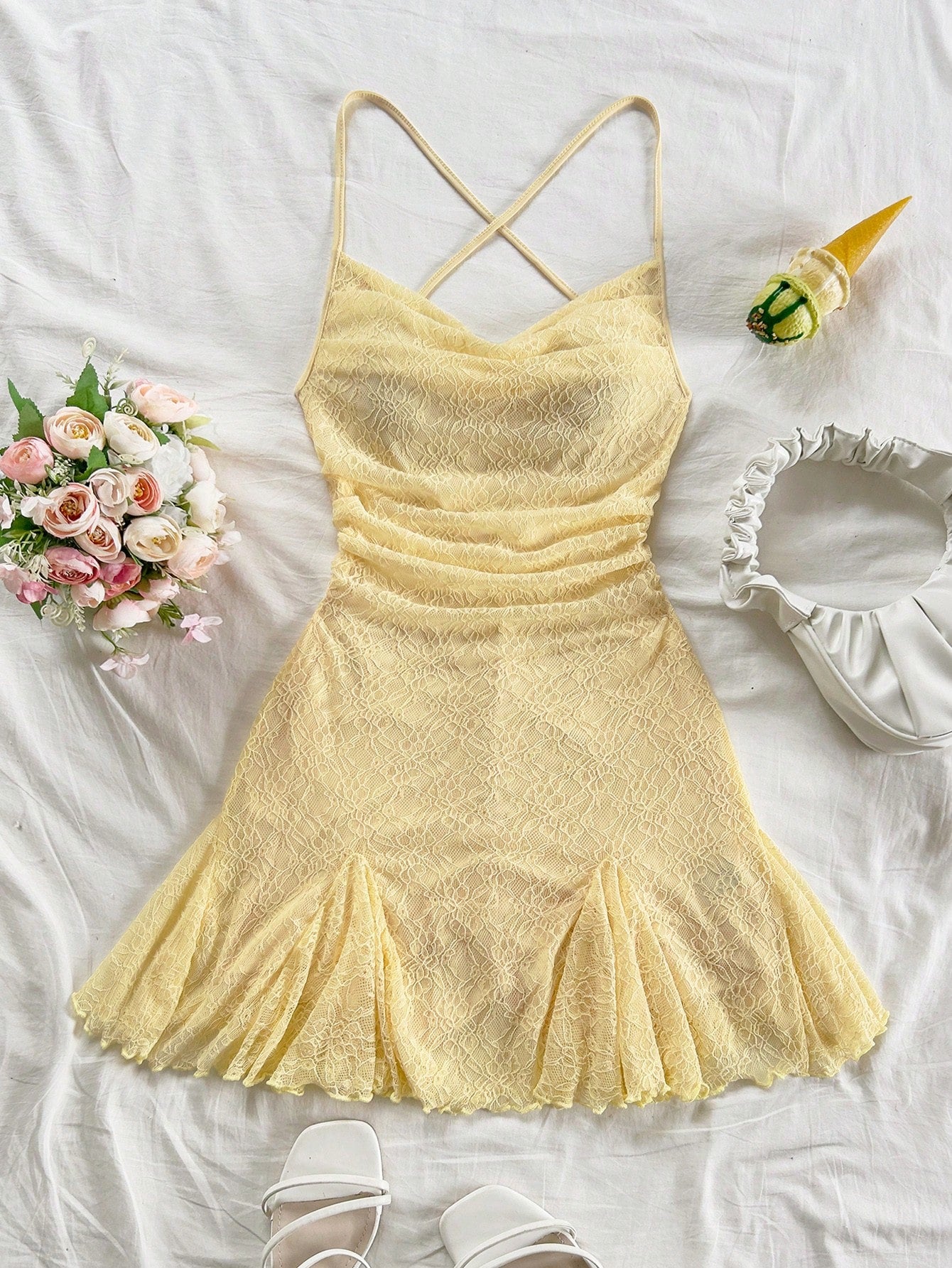 Women's Boho Yellow Lace Spaghetti Strap Mini Dress