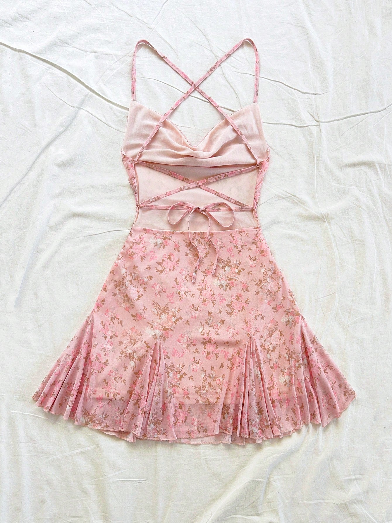 Pink Floral Mesh Ruched Mini Dress Sexy Backless Cami
