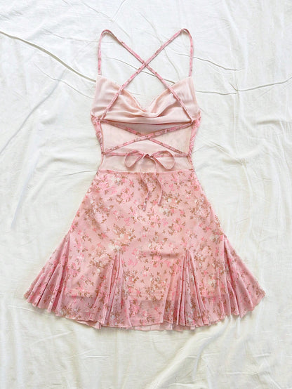 Pink Floral Mesh Ruched Mini Dress Sexy Backless Cami