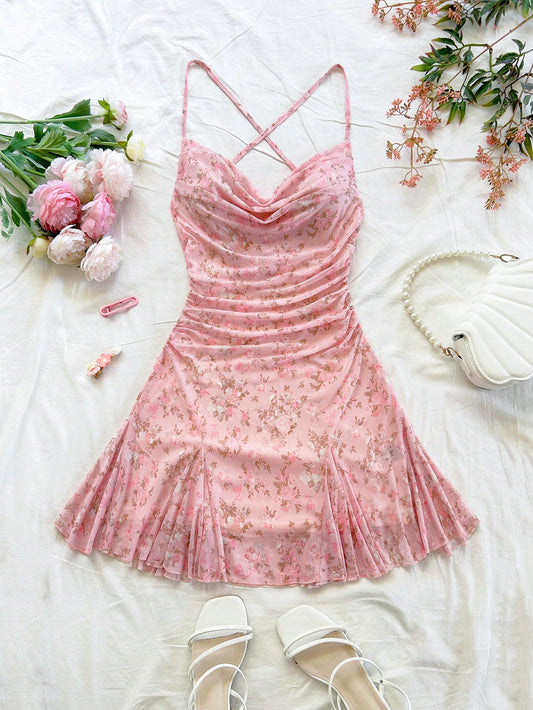 Pink Floral Mesh Ruched Mini Dress Sexy Backless Cami