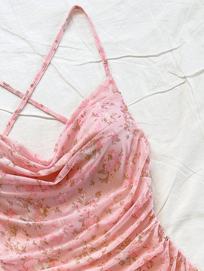 Pink Floral Mesh Ruched Mini Dress Sexy Backless Cami
