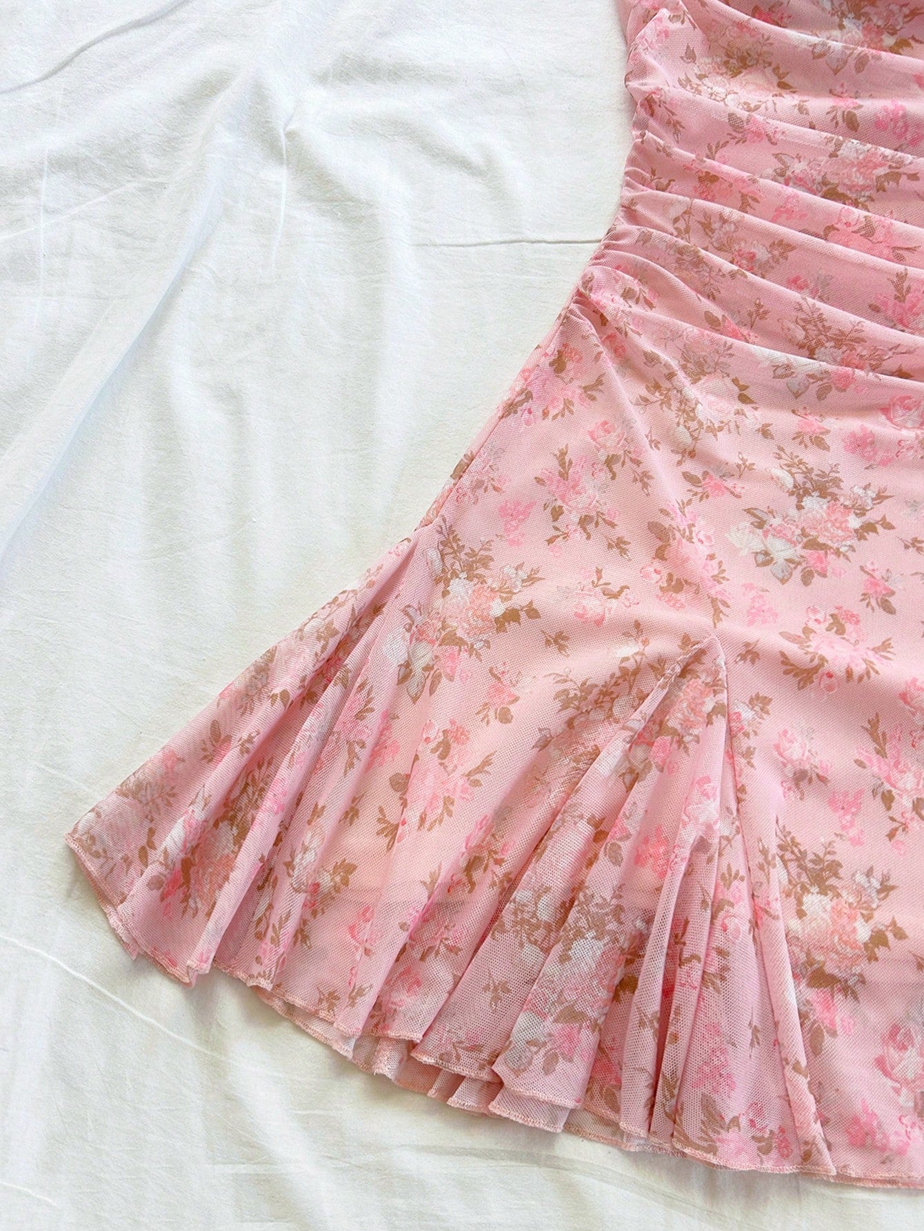 Pink Floral Mesh Ruched Mini Dress Sexy Backless Cami