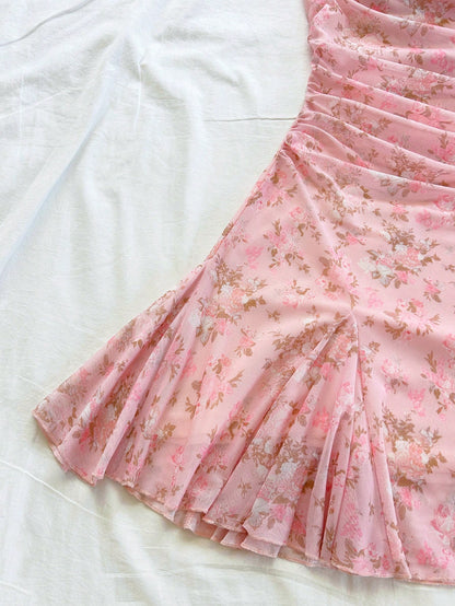 Pink Floral Mesh Ruched Mini Dress Sexy Backless Cami