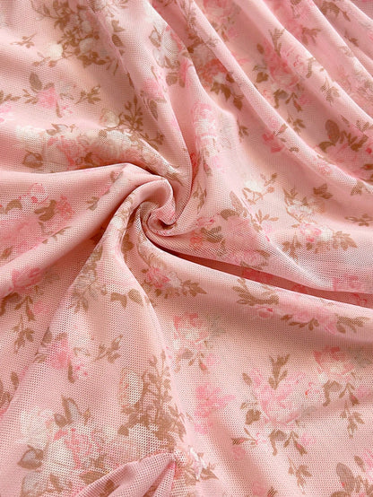 Pink Floral Mesh Ruched Mini Dress Sexy Backless Cami