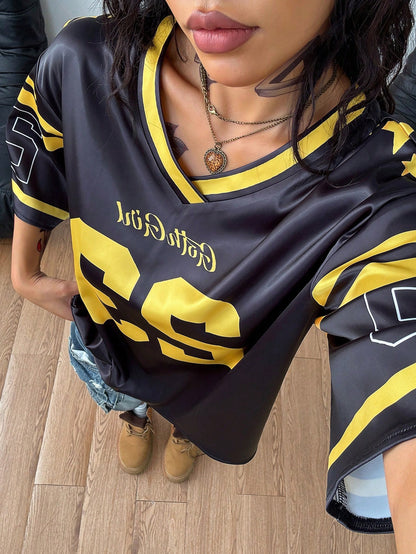 Women's Black Oversized Striped V-Neck Jersey